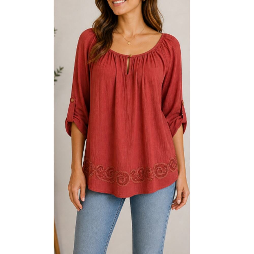 New LUCKY BRAND Women's Red Embroidered 3/4 Sleeve Keyhole Button Top Size L